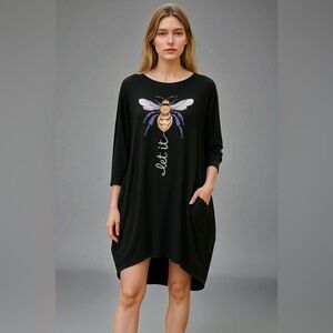 Let It Bee Long Sleeve Black Shirt Dress Bohemian Mother Nature Pockets Size S‎
